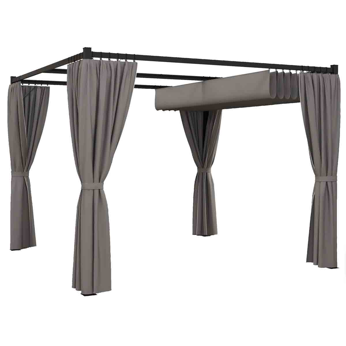 Retractable grey canopy pergola with matching curtains, featuring a sturdy black frame and elegant drapes for outdoor shade and privacy.
