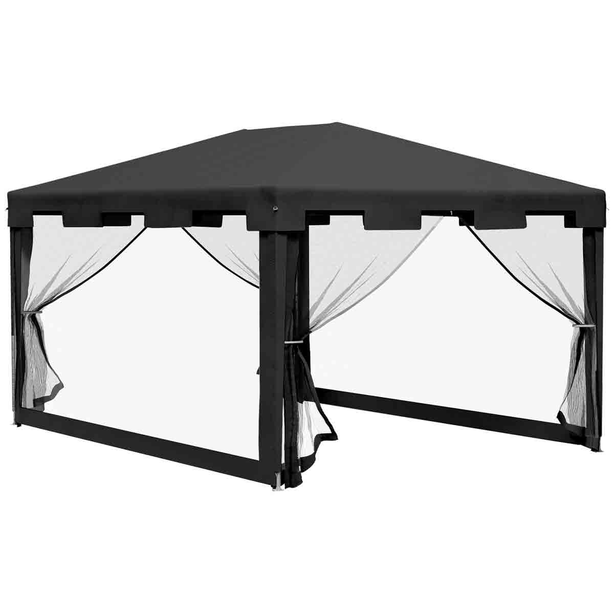 Grey waterproof PE canopy gazebo with a sturdy frame, featuring mesh side curtains for ventilation and protection from insects, ideal for outdoor gatherings.
