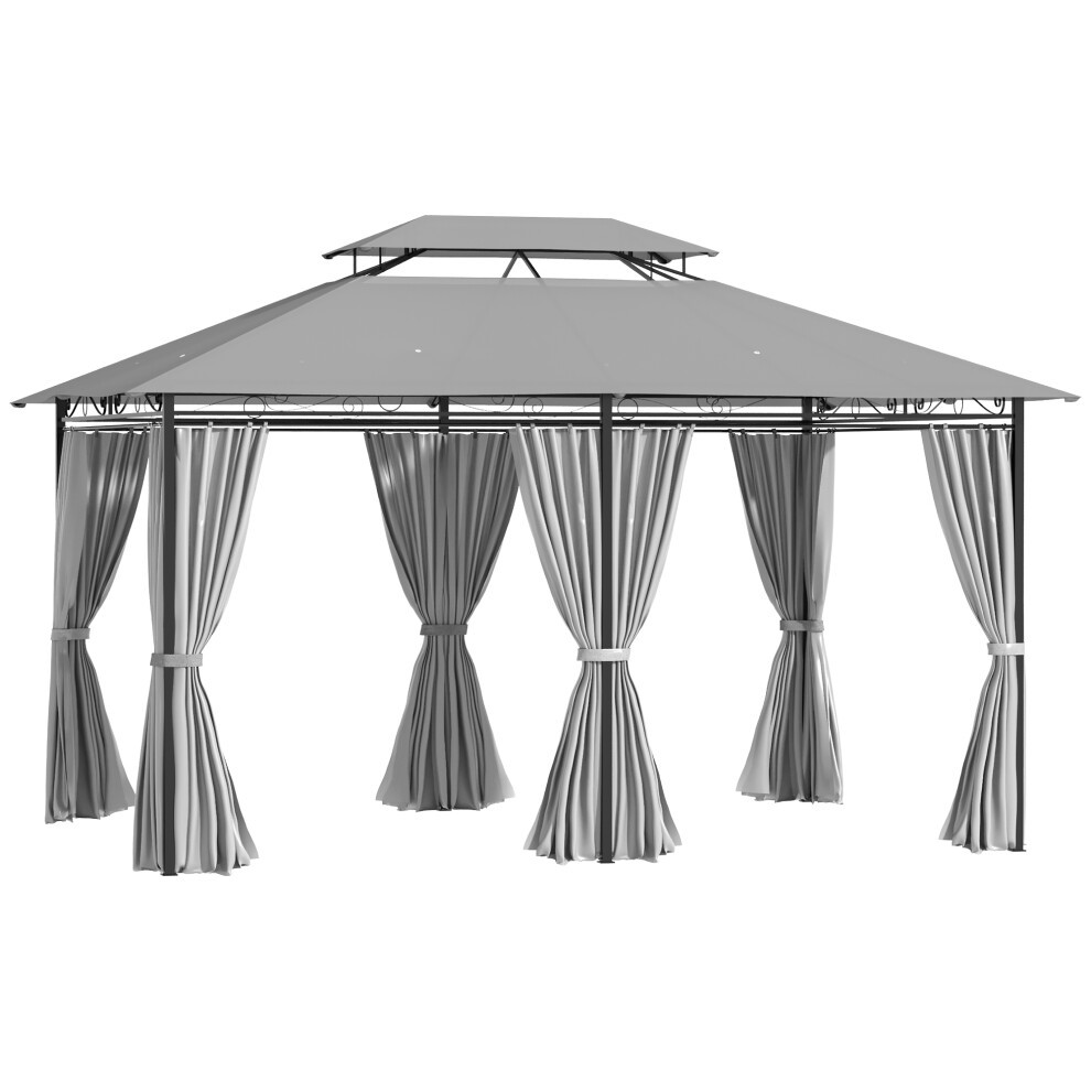 Grey steel pavilion shelter with sidewall curtains, featuring a peaked roof and flowing fabric drapes, designed for outdoor use, measuring 4x3 meters.