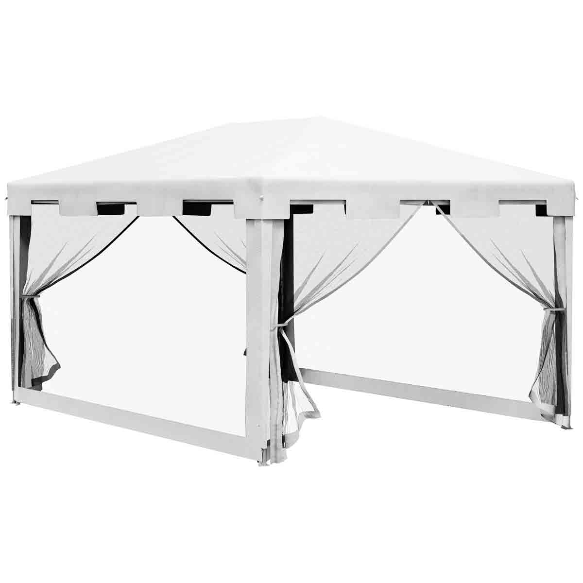 White waterproof PE canopy gazebo measuring 4x3m, featuring a sturdy frame and sheer side curtains for ventilation and privacy.