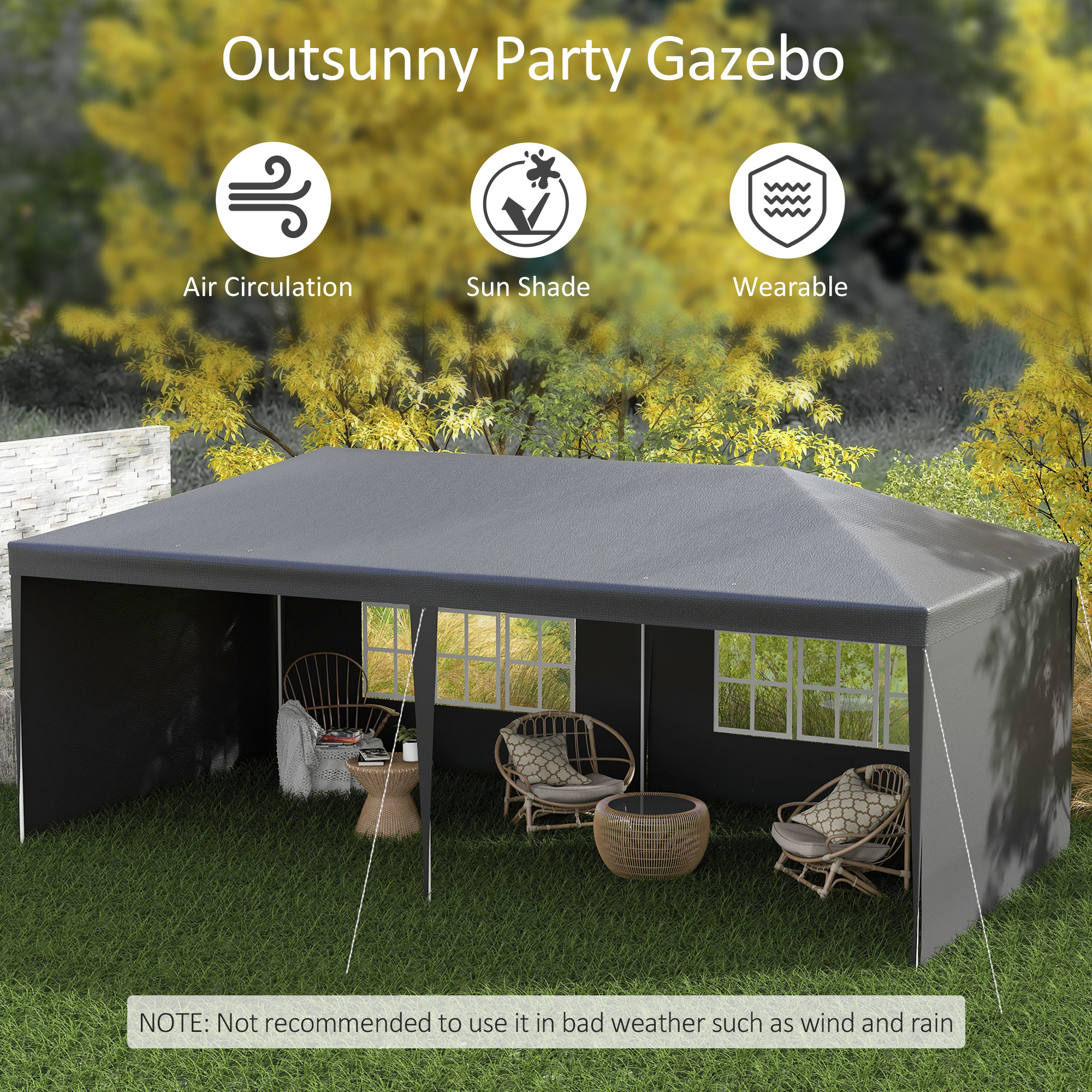 Outsunny 6 x 3 m Party Tent Gazebo Marquee Outdoor Patio Canopy Shelter with Windows and Side Panels, Dark Grey - image 4