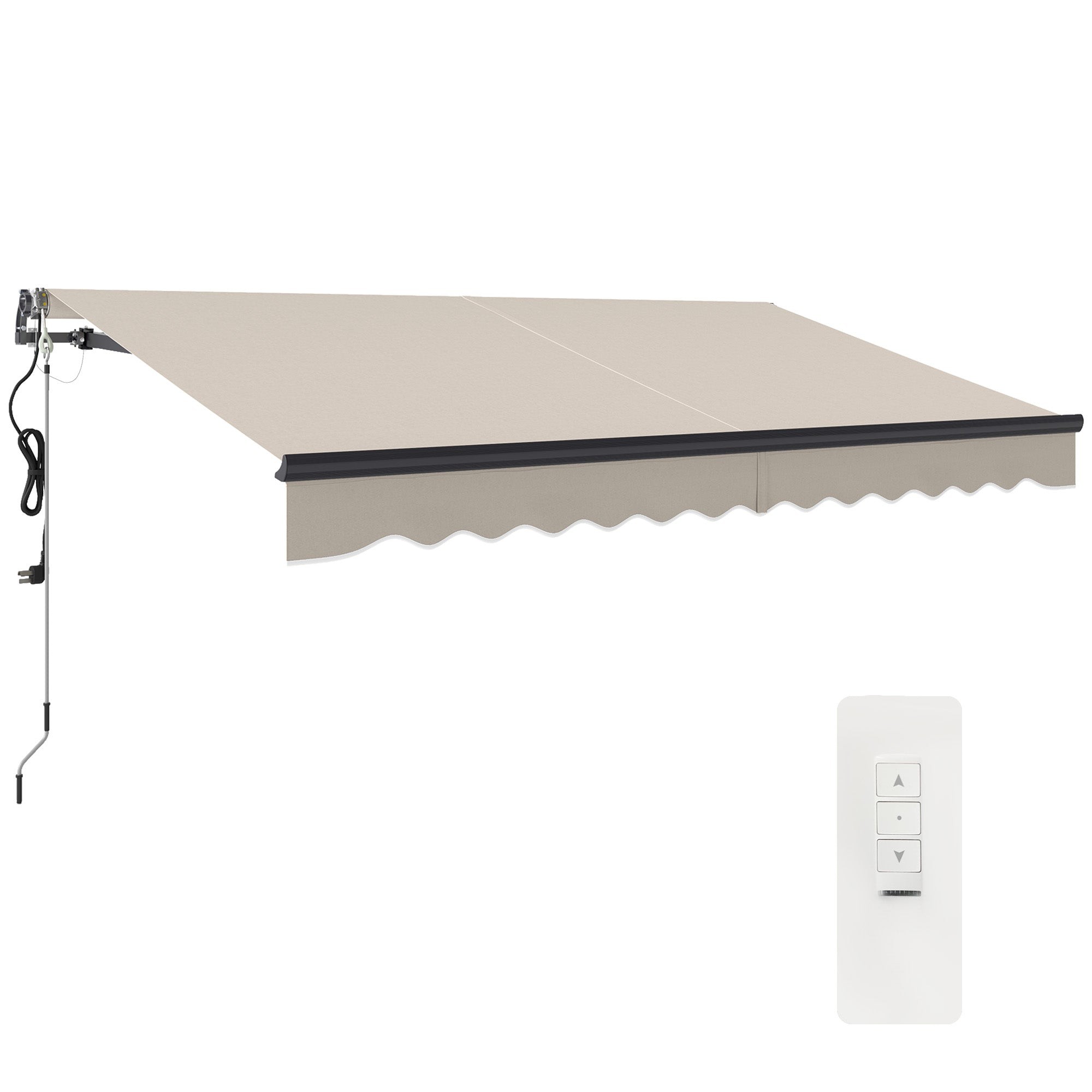 Beige electric retractable awning with a sturdy aluminum frame, featuring a scalloped edge and a remote control for easy operation.