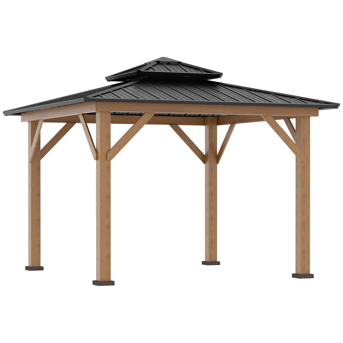 Wood frame gazebo with a black double-vented roof, measuring 3.5 x 3.5m, featuring sturdy wooden legs and a classic design suitable for outdoor spaces.