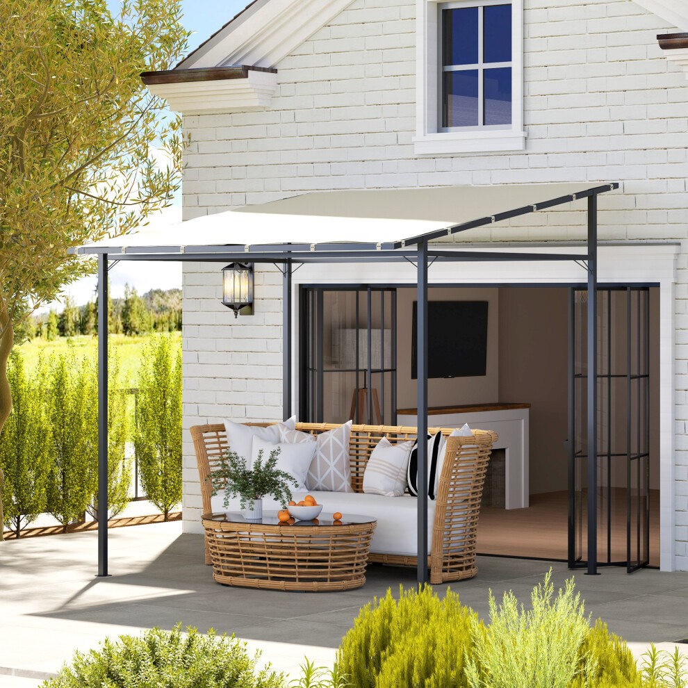 Cream white wall-mounted pergola gazebo with a UPF30+ canopy, featuring a sturdy black metal frame, set against a sunny outdoor patio with greenery and modern furniture.