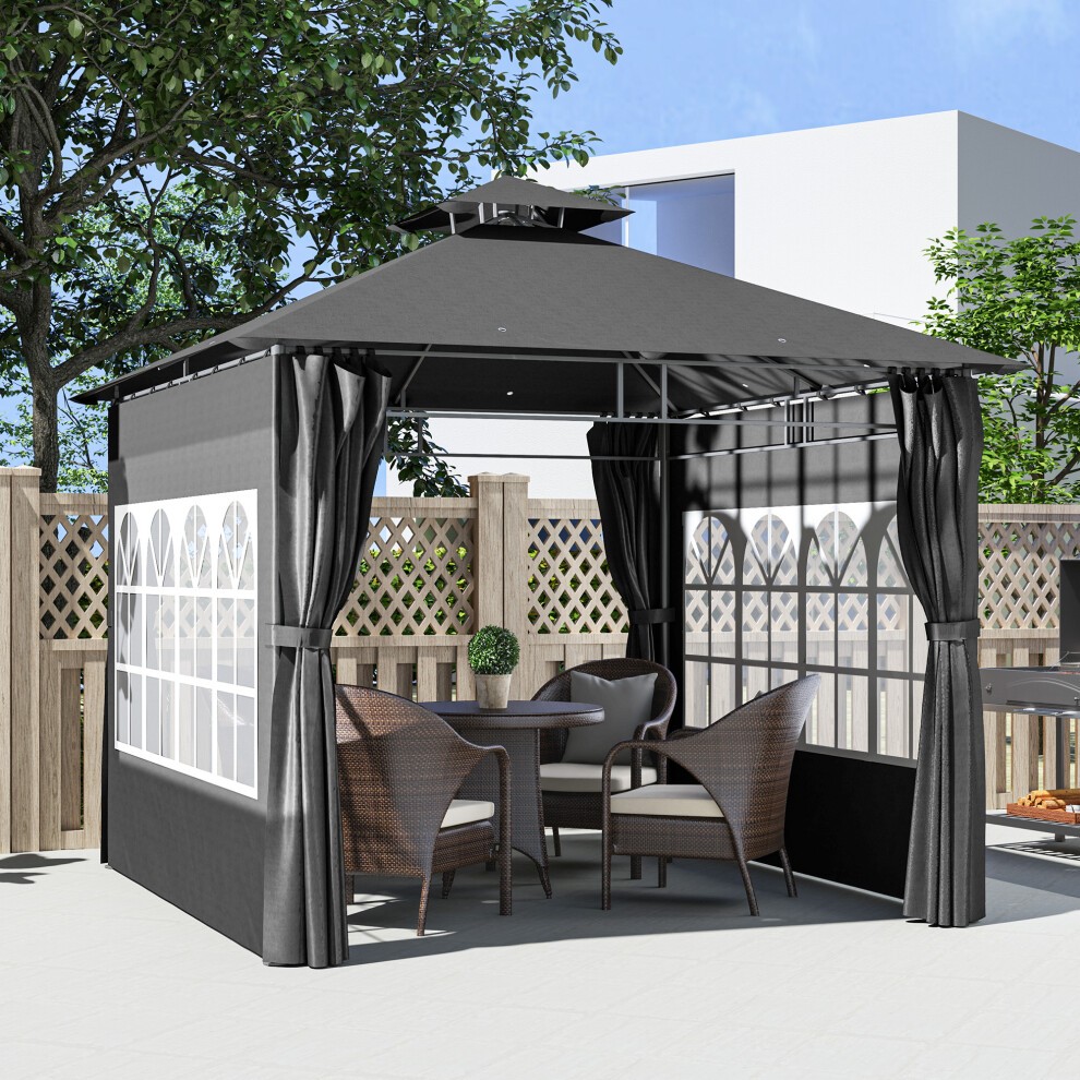 Dark grey 3x3m garden gazebo with a sturdy canopy, featuring sheer side curtains and large windows, set in an outdoor space with wicker furniture and a wooden fence.