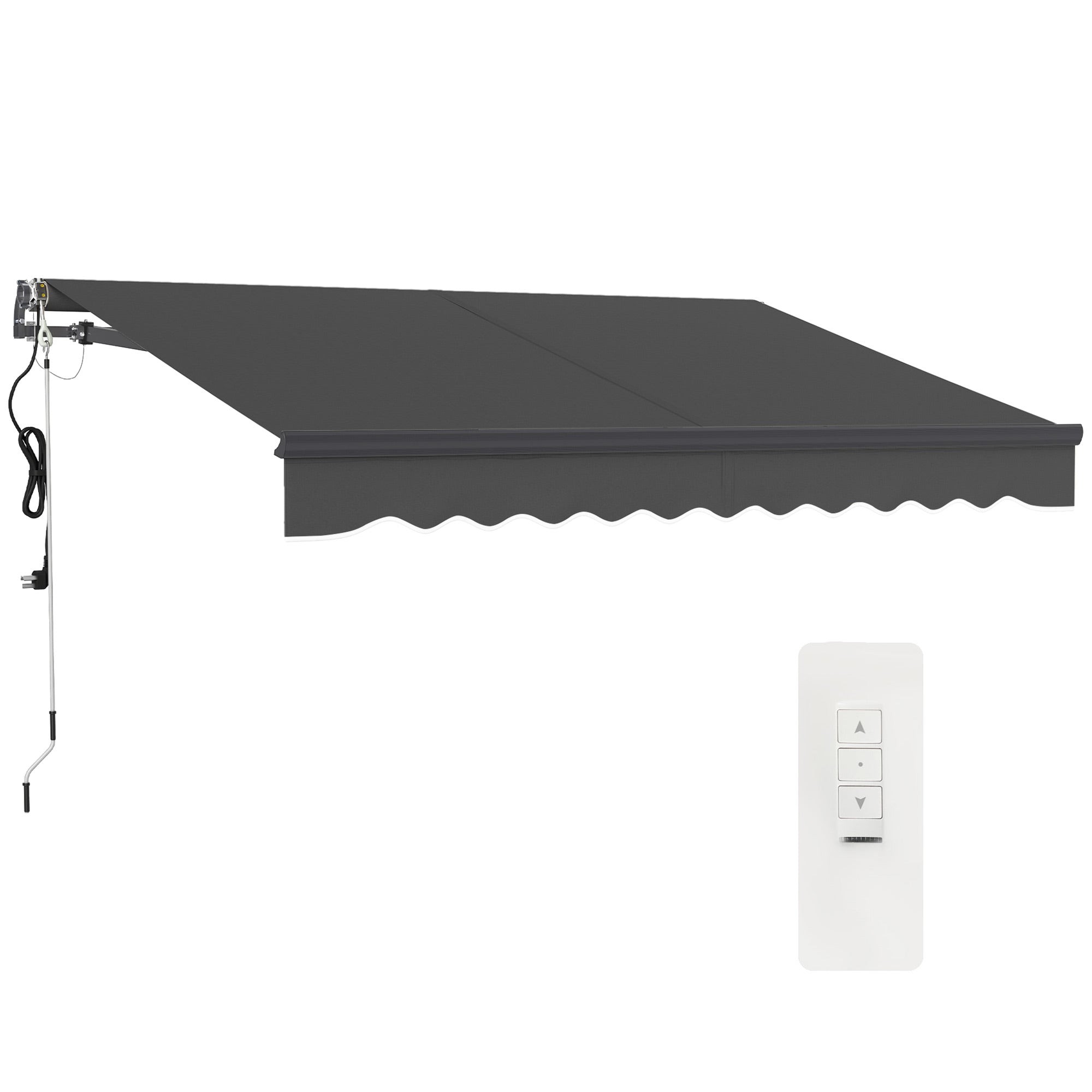 Dark grey electric retractable awning with an aluminium frame, featuring a scalloped edge and a remote control for operation, measuring 3 x 2.5 meters.