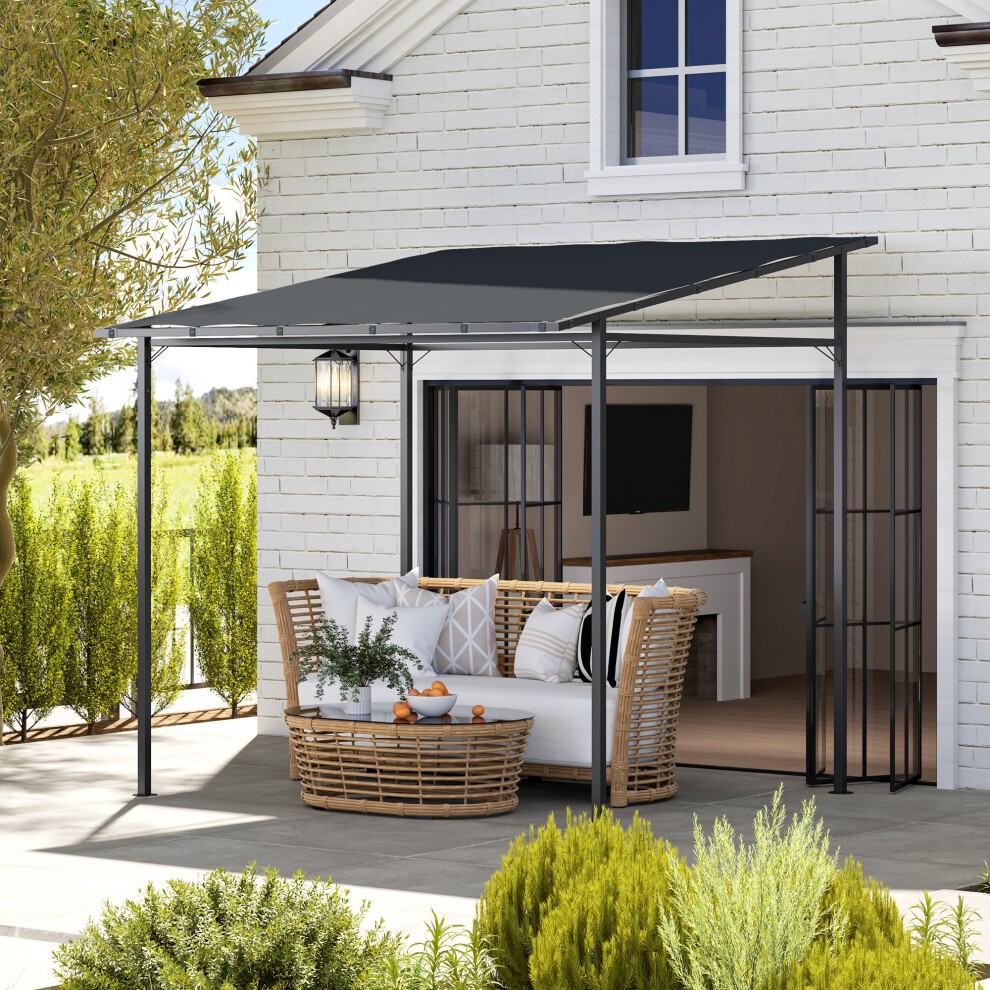 Wall-mounted dark grey pergola gazebo with a UPF30+ canopy, featuring a sleek metal frame, ideal for outdoor spaces, complemented by a cozy seating area with a rattan sofa.