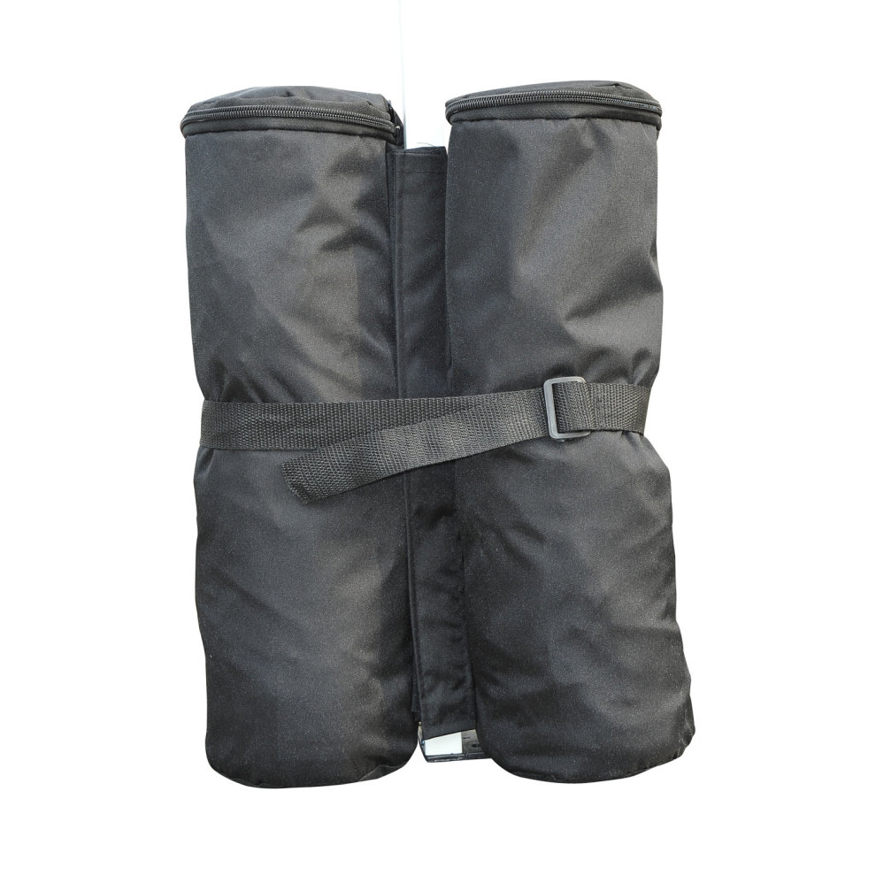 Four black sandbags made of durable fabric, designed for securing gazebos, featuring a strap and buckle for easy attachment.