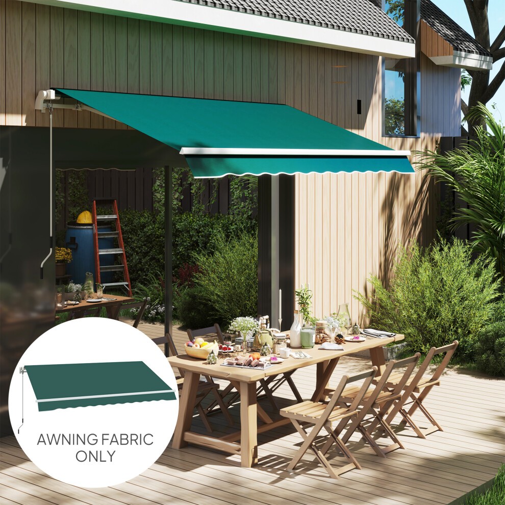 Green replacement canopy fabric for a 3 x 2.5 m awning, featuring a scalloped edge, designed for outdoor use, set against a backdrop of a wooden deck and lush greenery.