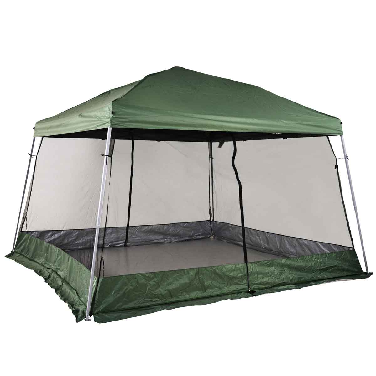 Green folding pop-up garden gazebo measuring 3x3x2.6m, featuring mosquito netting and a sturdy frame, ideal for outdoor events and protection from insects.