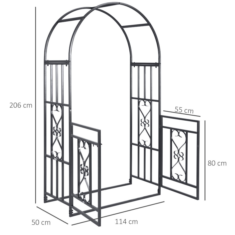 Grey metal garden arch featuring an arched top and double gates, designed for climbing plants, with decorative heart patterns on the sides. Dimensions: 206 cm height, 114 cm width.