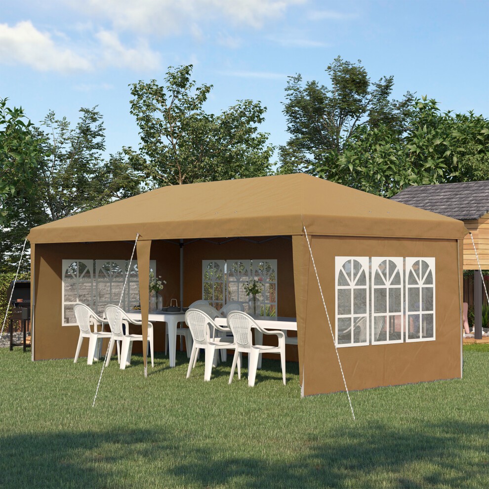 Heavy-duty khaki gazebo marquee tent measuring 3x6m, featuring multiple windows, set up on grass with white plastic chairs and tables inside, accompanied by a storage bag.