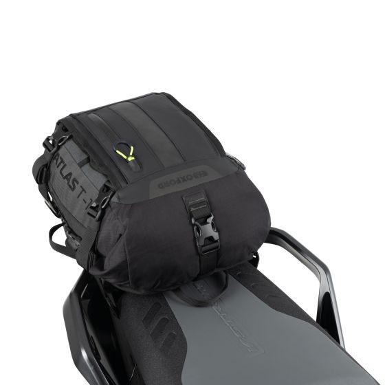 Black and dark grey waterproof Oxford Atlas T-10 luggage bag with adjustable straps and a secure buckle, designed for durability and convenience, size 10 L.