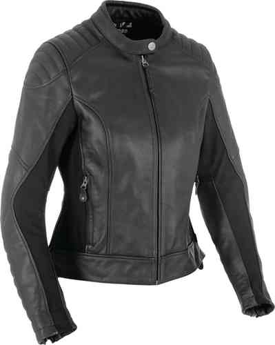 Black leather motorcycle jacket for women, featuring a fitted design, zippered front, and ribbed detailing on the shoulders, size 36 by Oxford.