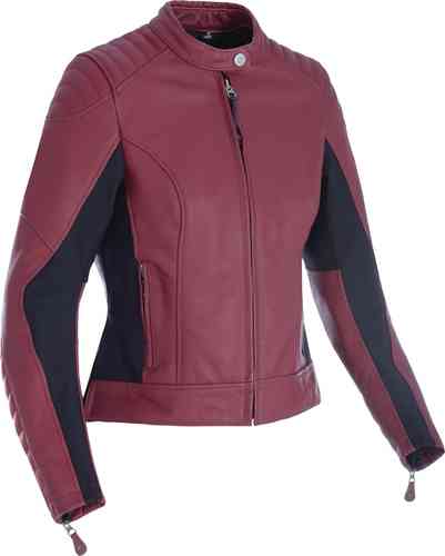Russet leather motorcycle jacket for ladies, size 14, featuring a fitted design, padded shoulders, black side panels, and a zip closure.