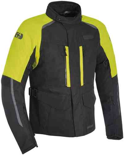 Black motorcycle jacket with fluorescent yellow accents, made of durable material, featuring multiple zippered pockets, adjustable straps, and reflective details for visibility.