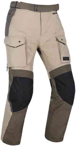Beige and dark brown motorcycle trousers with reinforced knee panels, multiple cargo pockets, and adjustable waist, designed for durability and comfort in desert conditions.