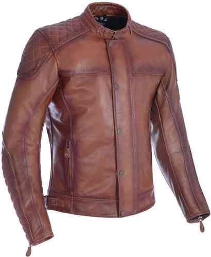 Bourbon-colored leather motorcycle jacket in XXL, featuring quilted shoulder detailing, a snap collar, and zippered side pockets.