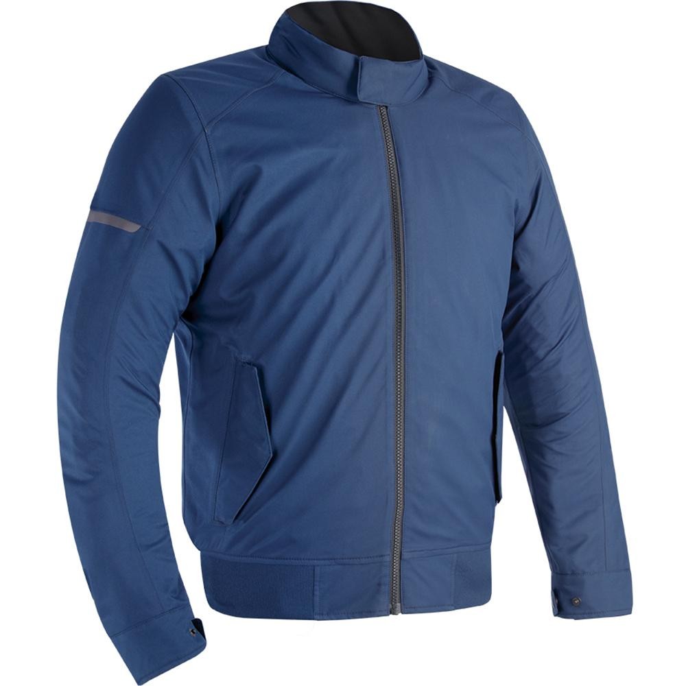 Navy blue Oxford Harrington motorcycle jacket made of durable material, featuring a front zipper, stand collar, and side pockets for a sleek, stylish look.
