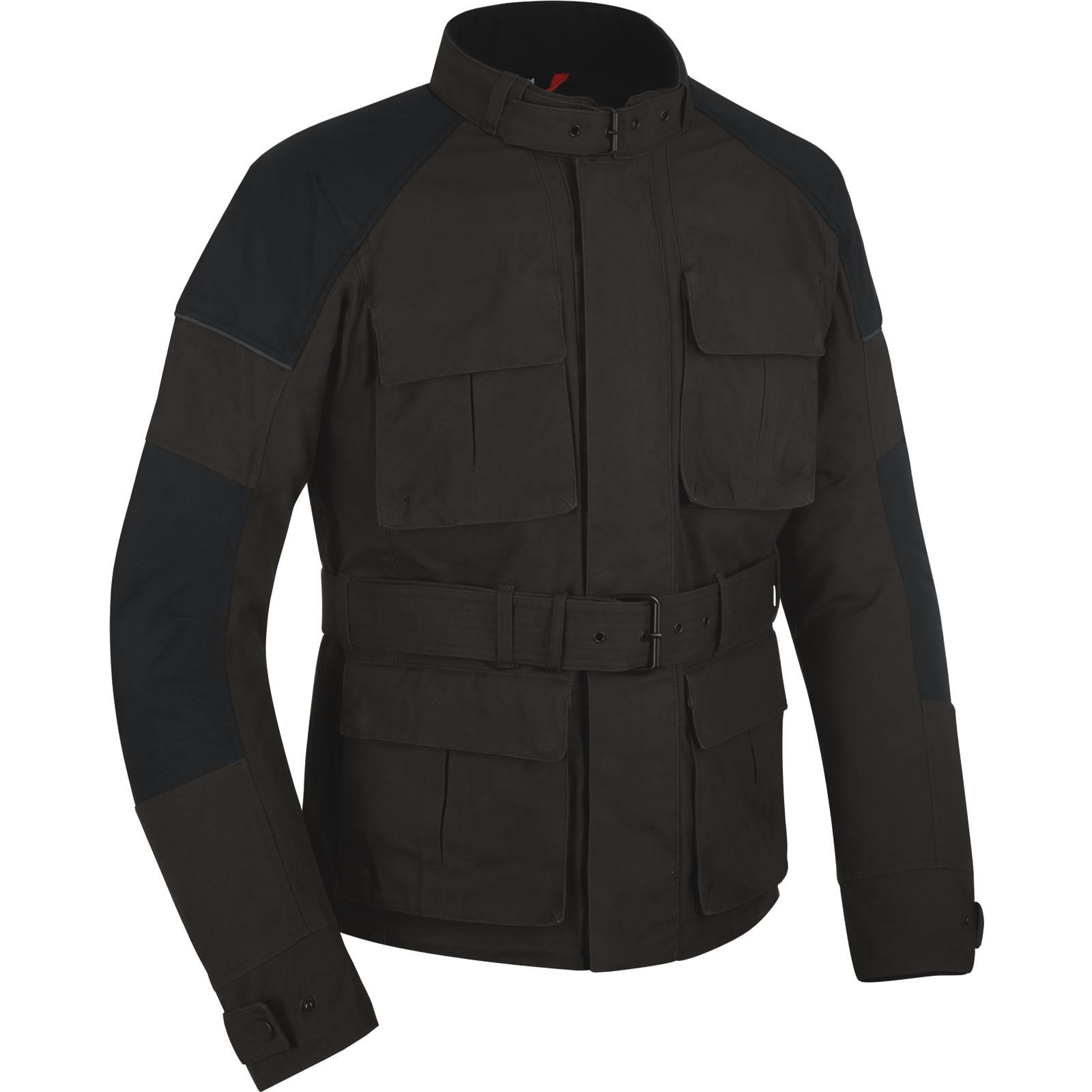 Olive green Oxford Heritage Tech 1.0 motorcycle jacket featuring multiple front pockets, a belted waist, and contrasting black shoulder panels for added style and protection.