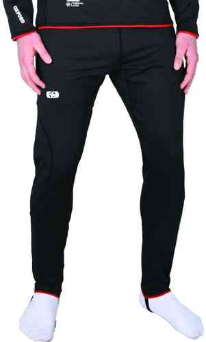 Black thermal pants with red trim, featuring a snug fit and a logo on the thigh, designed for warmth and moisture-wicking, suitable for outdoor activities.