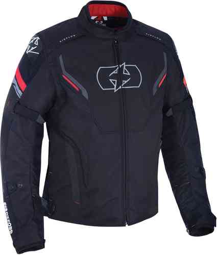 Black motorcycle jacket with red accents, made from durable tech material, featuring a zip front, padded shoulders, and reflective detailing for visibility, size 3XL.