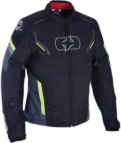 Black motorcycle jacket with fluorescent yellow accents, made of durable material, featuring a zip front, padded shoulders, and logo detailing on the chest and sleeves.