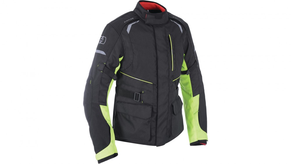 Black and fluorescent green Oxford Metro 1.0 motorcycle jacket in 4XL, featuring multiple pockets, adjustable waist, and reflective detailing for visibility.
