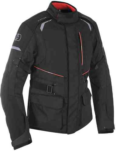 Black Oxford Metro 1.0 motorcycle jacket featuring a sleek design, red accents, multiple pockets, adjustable waist, and reflective details for visibility.