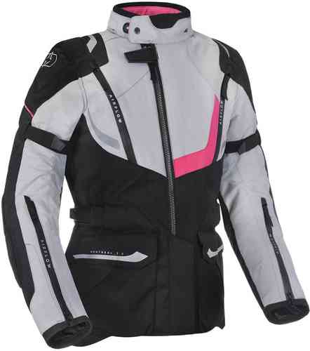 Black, white, and pink Oxford Montreal 3.0 ladies motorcycle jacket featuring a sleek design, adjustable straps, and reflective detailing for visibility.