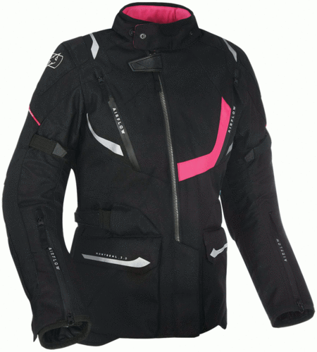 Black motorcycle jacket with pink and white accents, featuring a high collar, multiple pockets, and a zippered front, designed for women's comfort and safety.