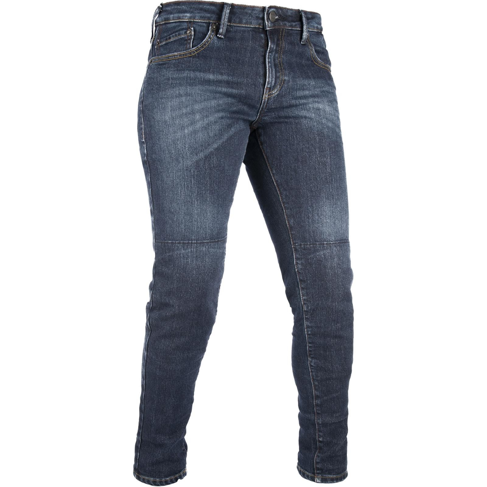 Slim fit, dark blue denim motorcycle jeans with a faded finish, featuring reinforced knee panels and classic five-pocket styling, designed for ladies and approved for safety.