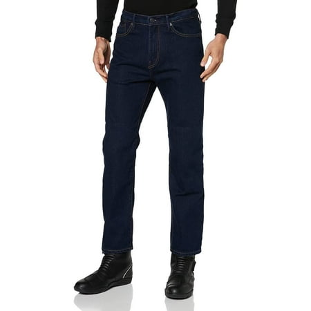 Dark rinse denim motorcycle jeans with a straight fit, featuring reinforced stitching, five pockets, and a regular 36-inch length, styled with black boots.