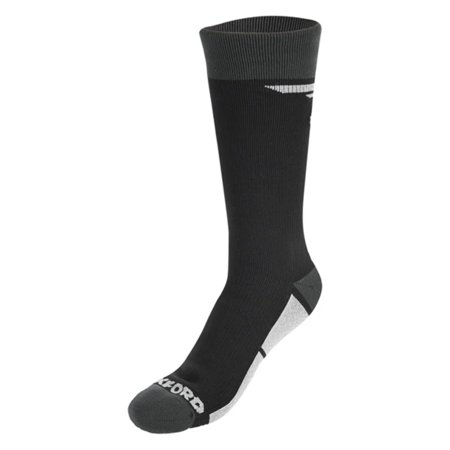 Black waterproof motorcycle sock by Oxford, featuring a ribbed top, reinforced toe and heel, and a grey logo on the side, designed for UK size 8-10.