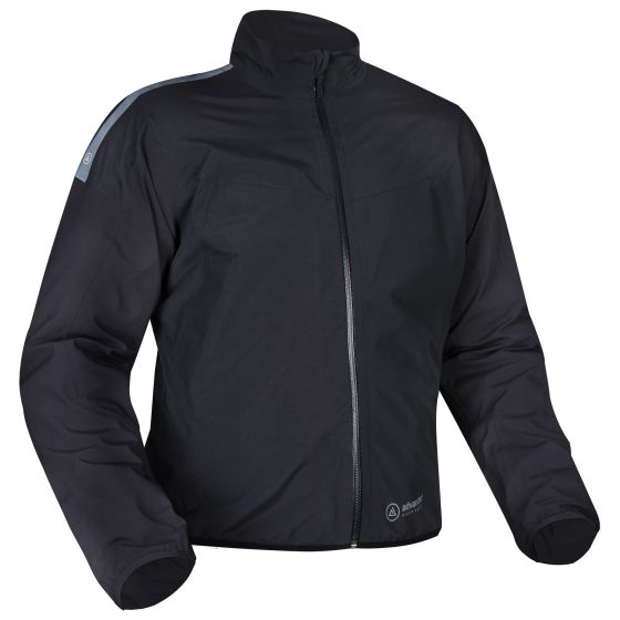 Black Oxford Rainseal Pro rain jacket in size 5XL, featuring a zip front, high collar, and reflective accents on the shoulders for visibility in wet conditions.