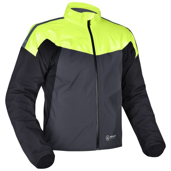 Grey and black packable over jacket with a bright fluorescent yellow upper section, featuring a zip front, long sleeves, and a sporty design, made from water-resistant material.
