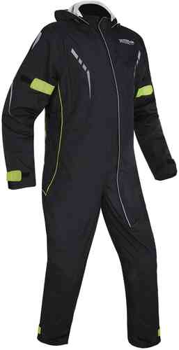 Black Oxford Stormseal motorcycle over suit with reflective details, neon yellow accents, and a hood, designed for waterproof protection and visibility.