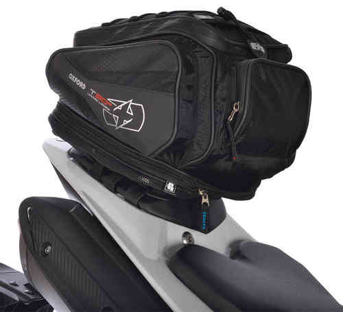 Black Oxford OL335 Tail Bag with a sleek design, featuring a mesh panel, zippered compartments, and a logo, mounted on a motorcycle seat.