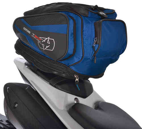 Blue and black Oxford T30R tail bag with a sleek design, featuring a zippered compartment and logo, mounted on a motorcycle seat, offering 30 liters of storage.