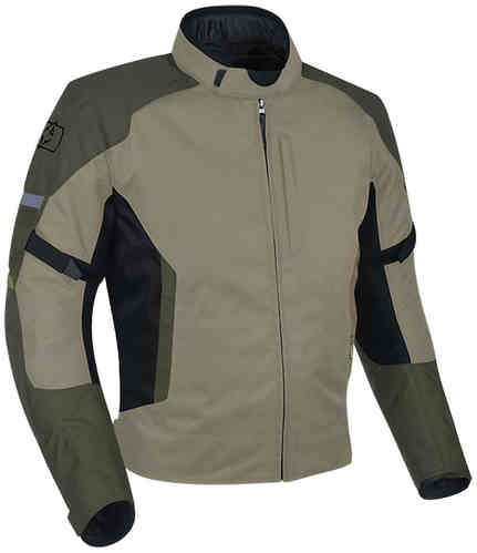 Tan and dark green motorcycle jacket with a sleek design, featuring a high collar, zip closure, and reinforced shoulder and elbow areas for added protection.