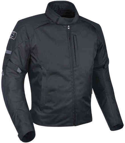 Black Oxford Toledo 2.0 motorcycle jacket made from durable material, featuring a zip front, high collar, and reflective details on the sleeves for visibility.