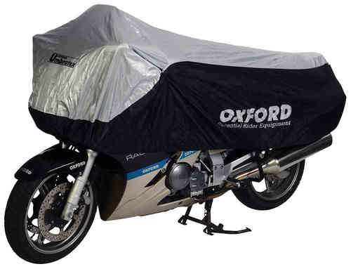 Black and grey Oxford Umbratex motorbike cover, waterproof material, size L, fitted snugly over a motorcycle, featuring the Oxford logo prominently displayed.