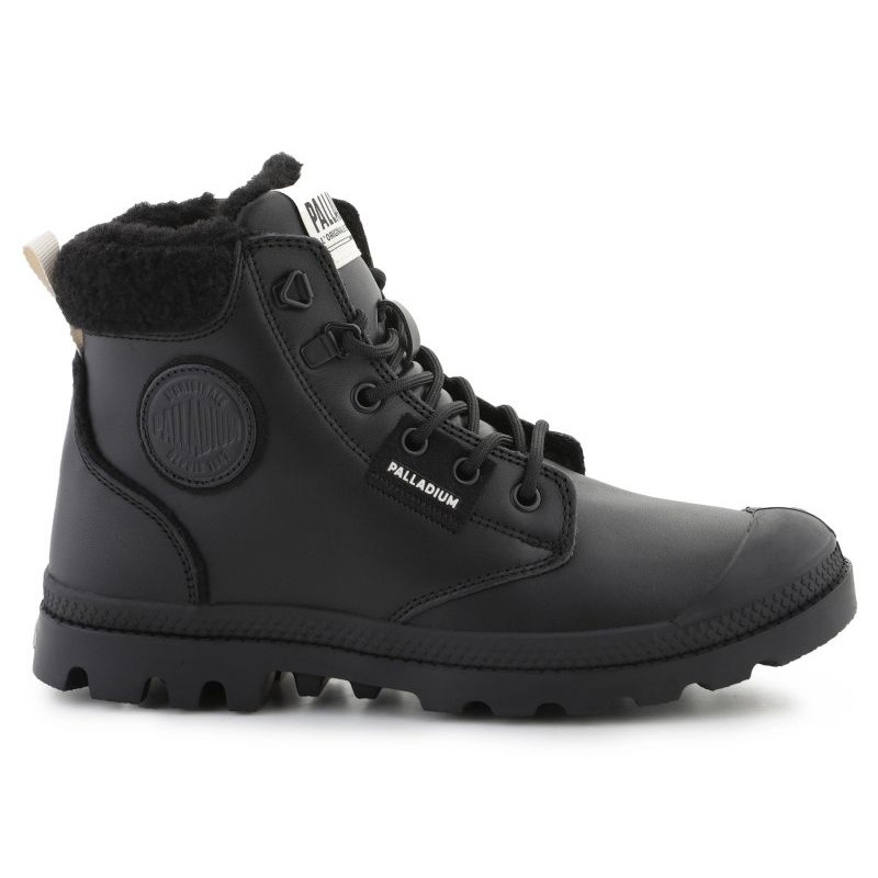 Black waterproof ankle boots with a plush fur lining, featuring a round logo patch, lace-up front, and rugged sole for traction.