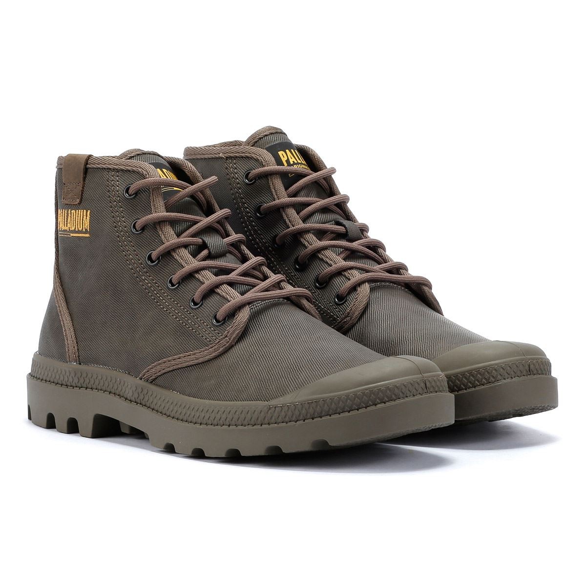 Unisex Palladium Pampa Hi Wax boots in major brown, featuring a durable canvas upper, rubber sole, and lace-up design, size UK 4.