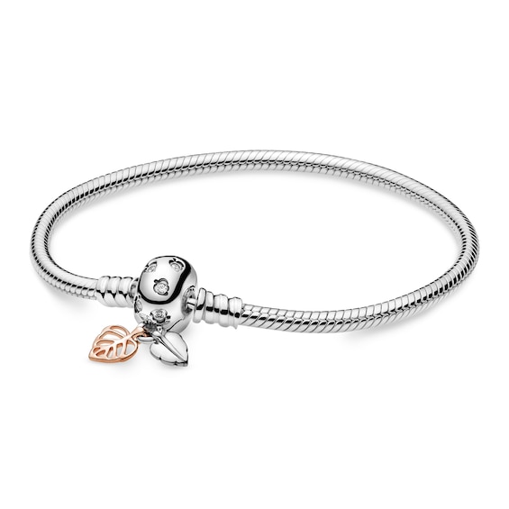 Silver snake chain bracelet featuring a leaf charm and a decorative clasp with clear cubic zirconia accents.
