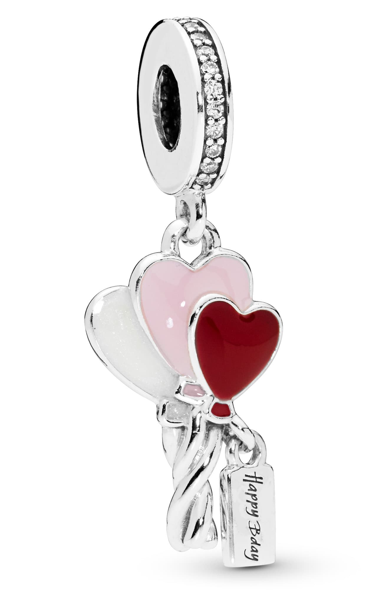 Silver charm featuring three heart-shaped balloons in pink, white, and red, with a dangling tag that says "Happy Bday," adorned with sparkling accents.