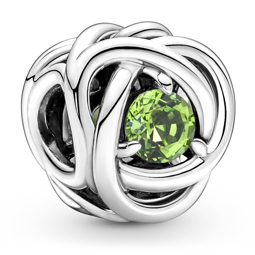 Sterling silver eternity circle charm featuring a light green man-made crystal, intricately designed with intertwining loops.
