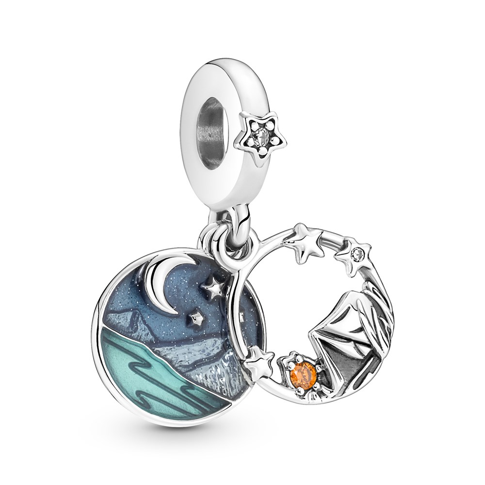Silver Pandora charm featuring a night sky with a crescent moon, stars, and a mountain scene, accented by an orange stone and a star-shaped bail.