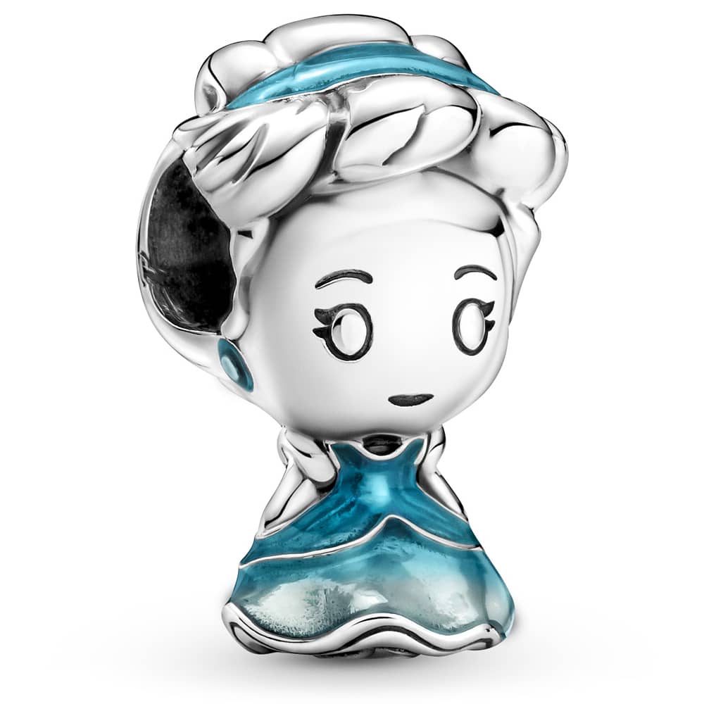 Silver charm featuring a stylized Cinderella with a blue dress and blonde hair, showcasing intricate detailing and a glossy finish.