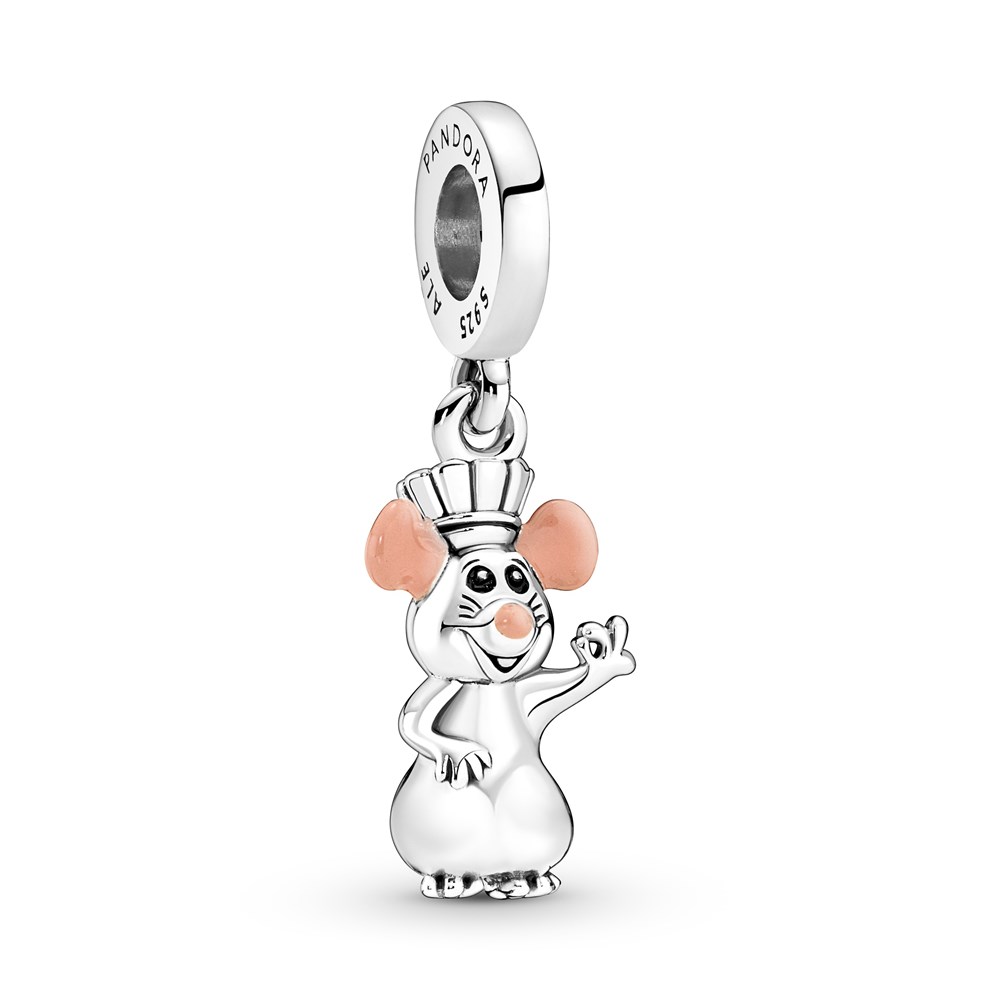 Silver dangle charm featuring Remy, the rat chef from Disney Pixar, with pink ears and a chef's hat, detailed with a polished finish and engraved "Pandora" logo.